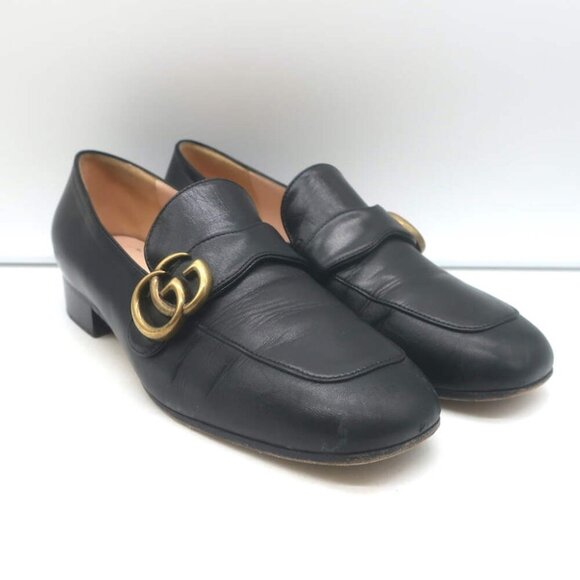 Gucci GG Marmont Flat Loafers Black Leather Size 37.5 - Picture 1 of 16